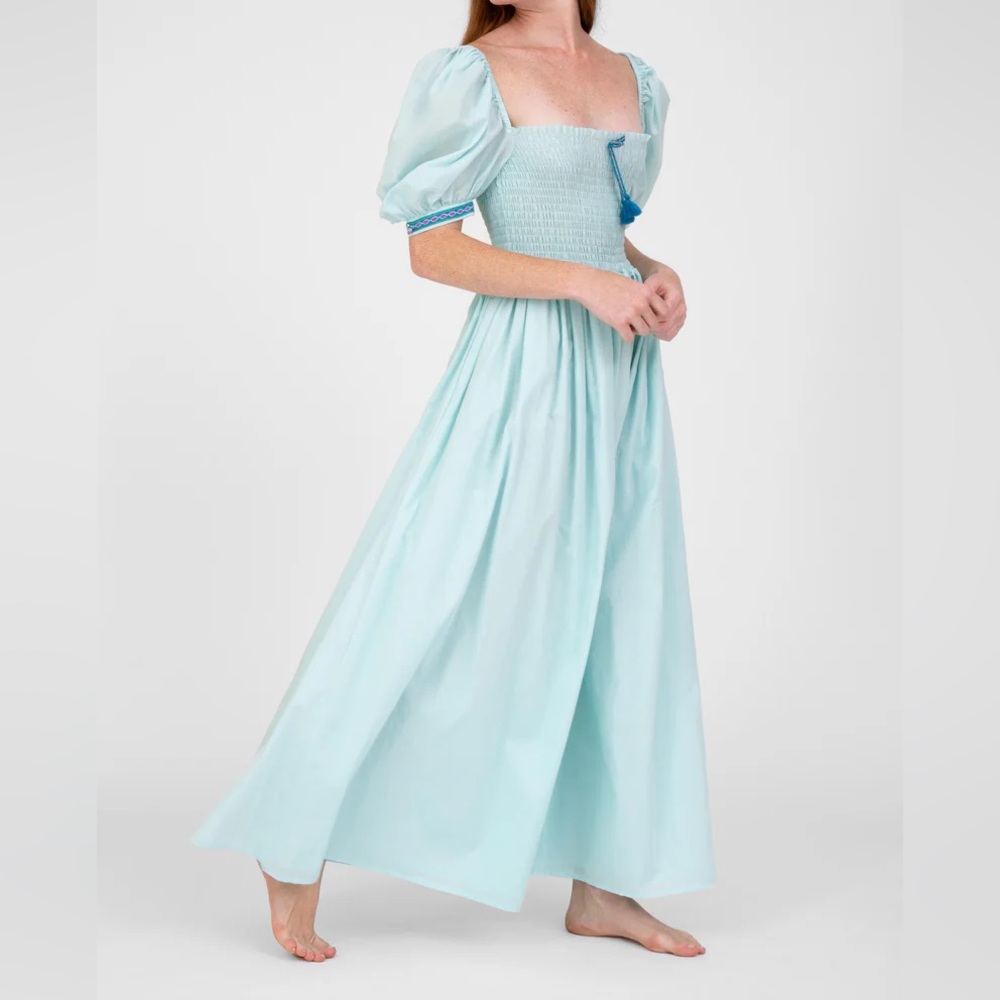 Smocked Square-Neck Maxi Dress in Light Blue